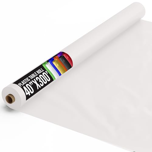 Exquisite Party Solids White Plastic Table Cover Roll 40" X 300' Table Cloth Plastic Cover Roll - Premium Quality Thick 0.5 MIL Banquet Rolls - Disposable Tablecloth Rolls