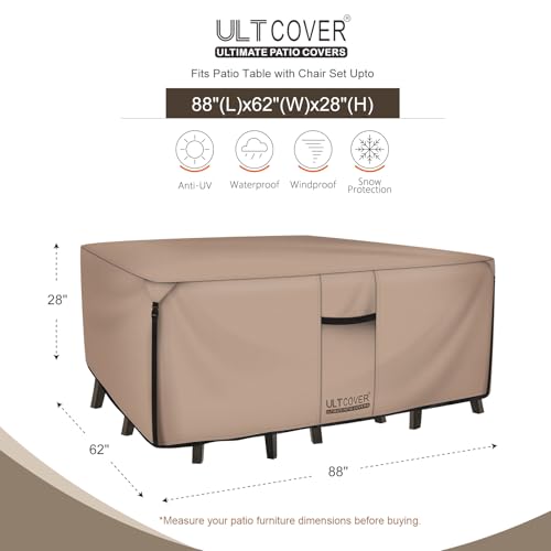 ULTCOVER Rectangular Patio Heavy Duty Table Cover - 600D Tough Canvas Waterproof Outdoor Dining Table and Chairs General Purpose Furniture Cover Size 88L x 62W x 28H inch