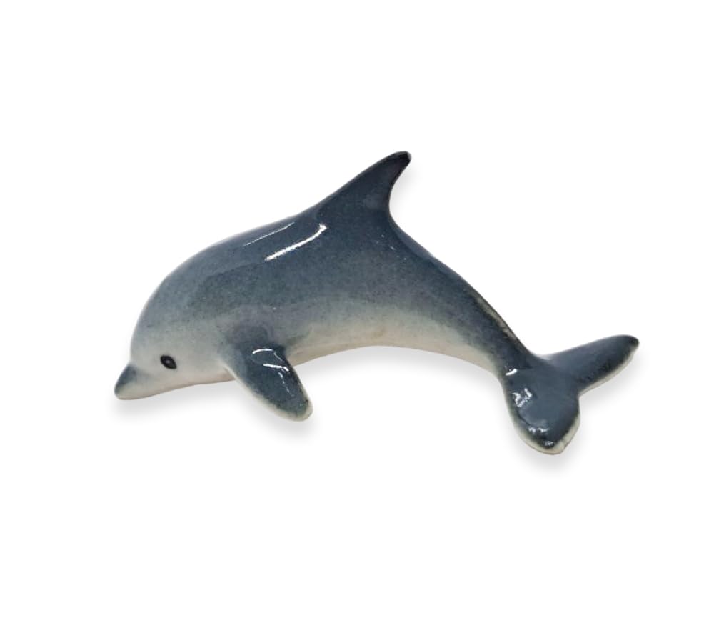 WitnyStore Tiny 1¼" Blue Gray Curved Dolphin Figurine - Miniature Hand Made Ceramic Dolphins Porpoises Whales Marine Mammal Aquatic Sea Animals Fish Porcelain Decorative Collectible Figure Décor Gifts