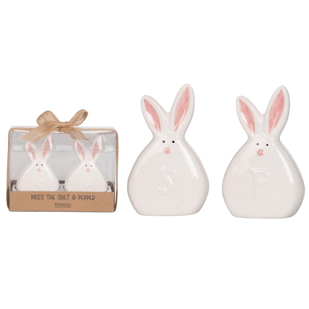 Transpac Adorable Easter Bunny Rabbit White and Pink 4 x 2.5 Dolomite Pass the Salt and Pepper Shaker Set of 2