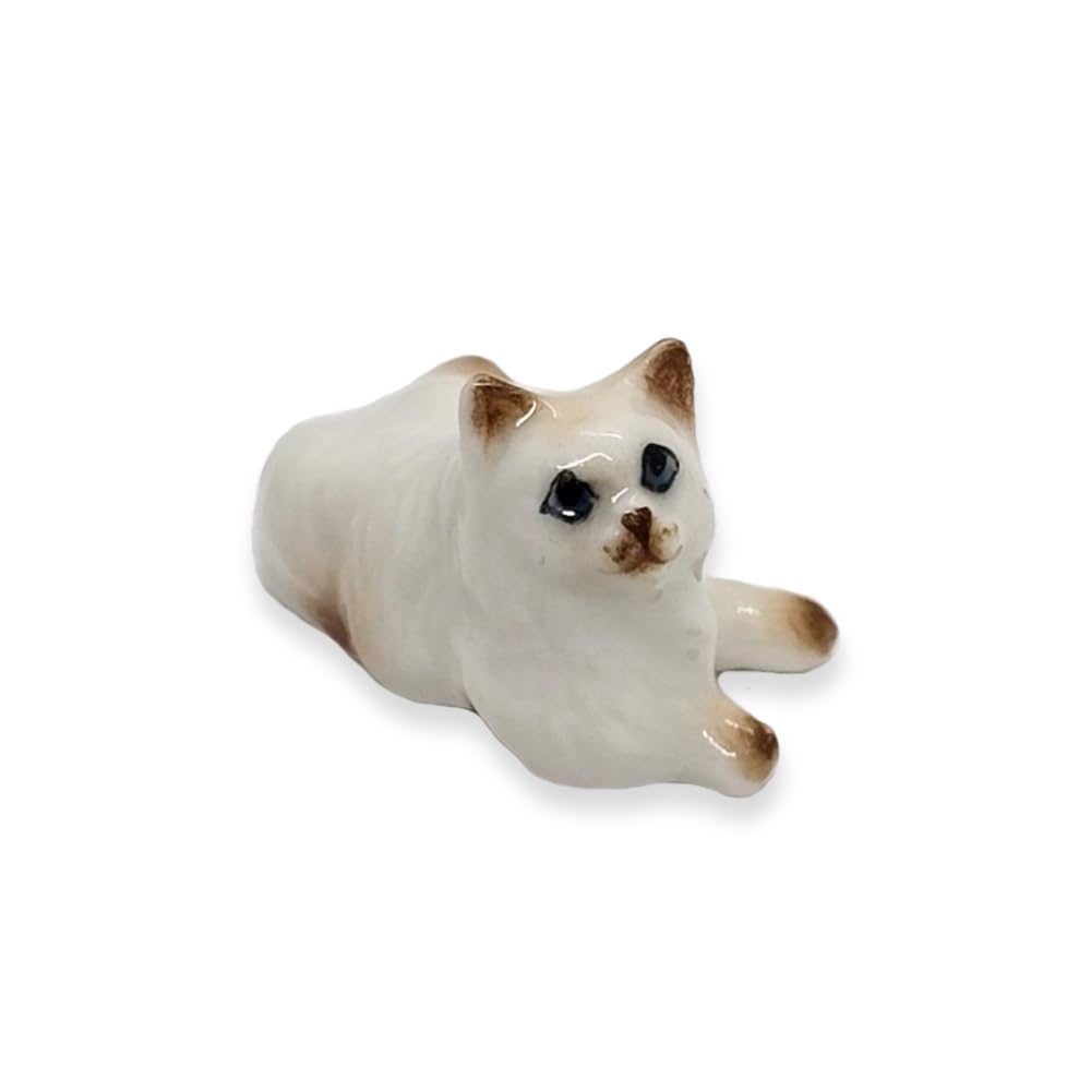 ChangThai Design Tiny ¾ Inch Lying Look Up Himalayan Persian Longhaired Cat - Miniature Hand Made Ceramic Cats Kittens Feline Animals Cute Porcelain Decorative Figure Collectible Figurines Décor Gifts