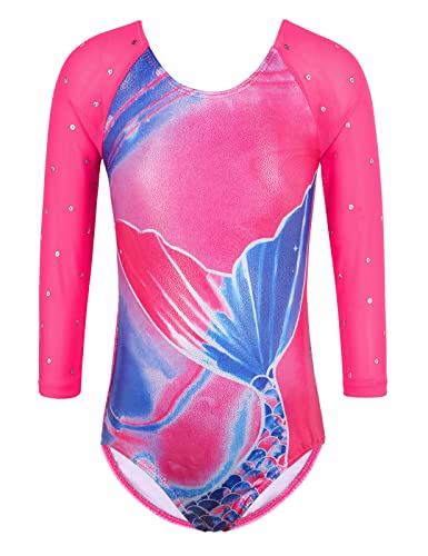 TFJH E 3/4 Sleeve Gymnastic Leotard for Girls Ballet Bodysuit Practicce Tumbling Wear 9-10y HotPink Tail 12A