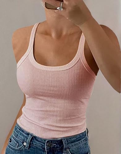 GEMBERA Women Spaghetti Strap Scoop Neck Ribbed Tank Tops Slim Fitted Cotton Camisole Basic Sleeveless Layering Shirts(3227 Cameo Pink S)