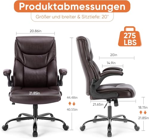 Sweetcrispy Computer Gaming Chair, Ergonomic High Back Heavy Duty Task Desk Office Chairs with Wheels, Flip-up Arms, Adjustable Height, PU Leather,Dark Brown