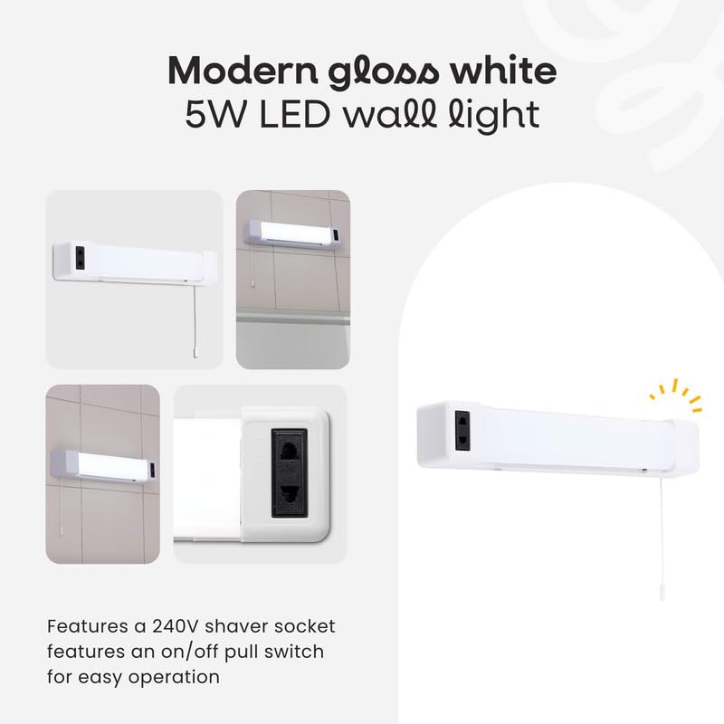 MiniSun | Modern Gloss White 5W LED Wall Light with Shaver Socket and Pull Switch | Bath Wall Lights, Home Décor & Improvement Essential | Includes Integrated 5W LED Bulb