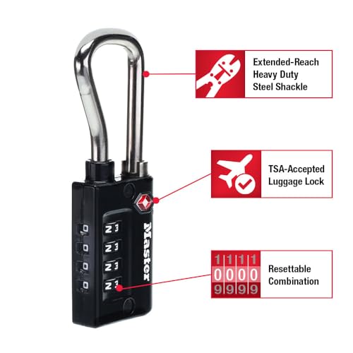 Master Lock Padlock, Set Your Own Combination TSA Accepted Luggage Lock, 1-5/16 in. Wide, Black, 4 pk, 4696EC4