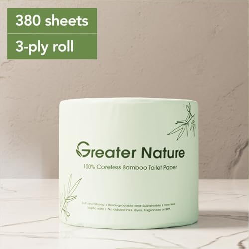 100% Tree-free Bamboo Toilet Paper, 3-Ply, 24 Rolls, Coreless, Plastic-Free Packaging