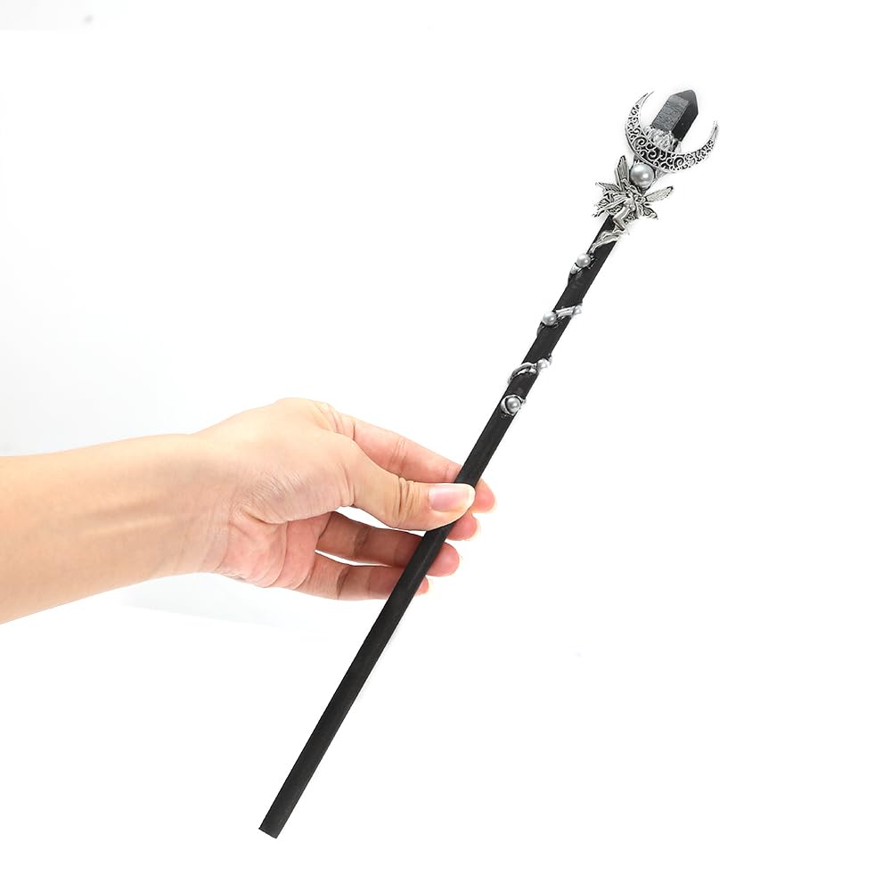 Bubbmi Black Crystal Magic Wand, Gemstone Moon Wizard Party Cosplay Accessories Sorcerer Collection Witchcraft Props with Gift Box(black4)