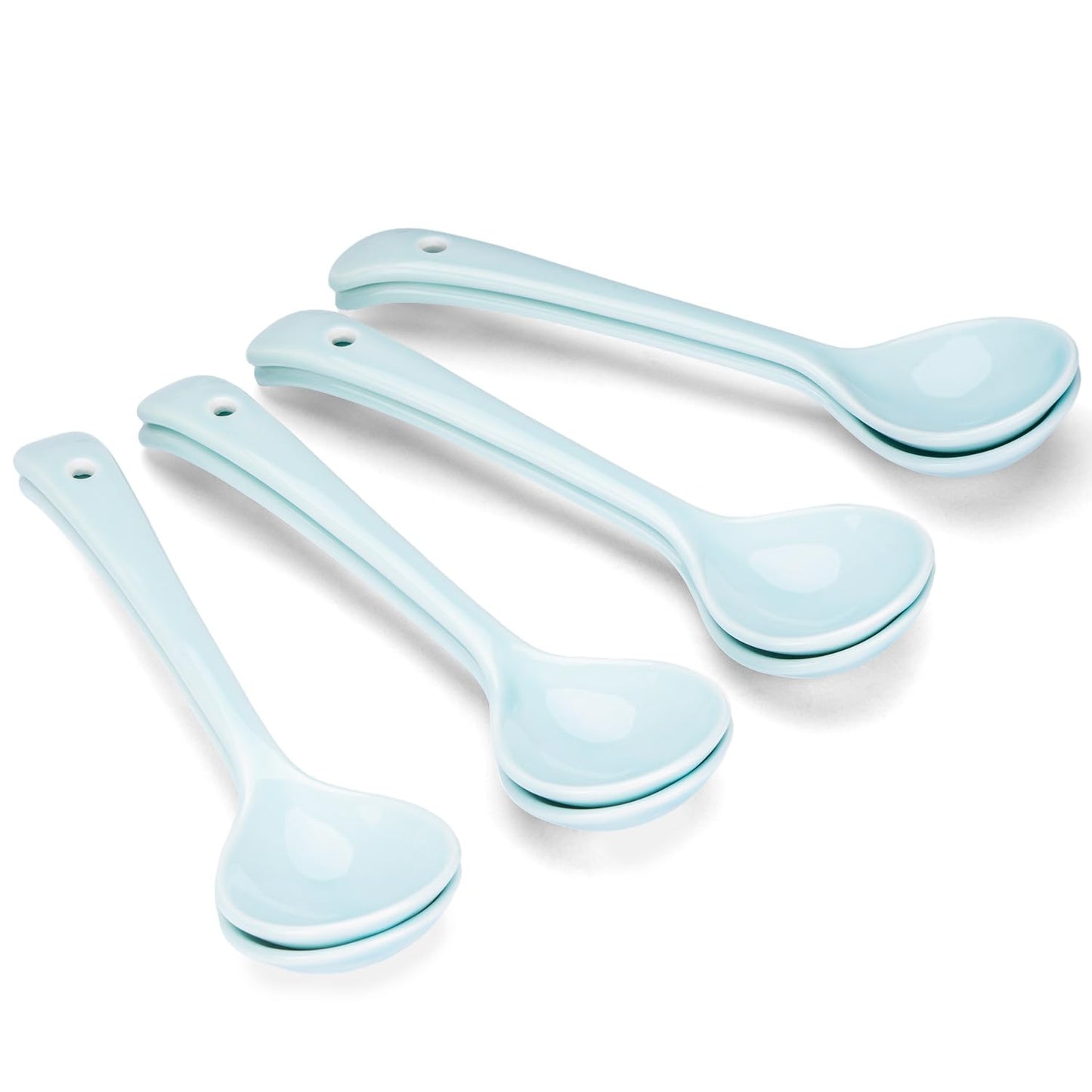 Ceramic Spoons Set of 8, Ceramic Chinese Soup Spoon, Asian Soup Spoons, Blue Japanese Spoon Large for Ramen Pho Wonton Dumpling Miso, Deep Oval Hook Design (8, Blue)