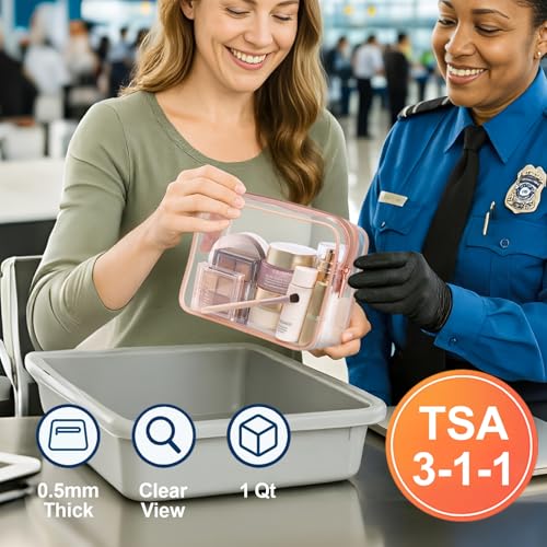 PACKISM Clear Makeup Bag - TSA Approved Toiletry Bag for Travel Size Toiletries, Travel Clear Toiletry Bag Quart Size Bag, Carry on Airport Airline Compliant Bag, Rose Pink(for age 12 or above)