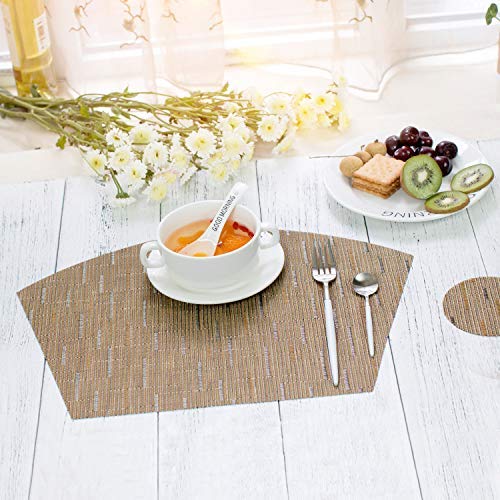 SHACOS Round Table Placemats Set of 4 Wedge Shape Woven Vinyl Place Mats Heat Resistant Wipe Clean Round Table Mats Home Table Decor (4, Tan)