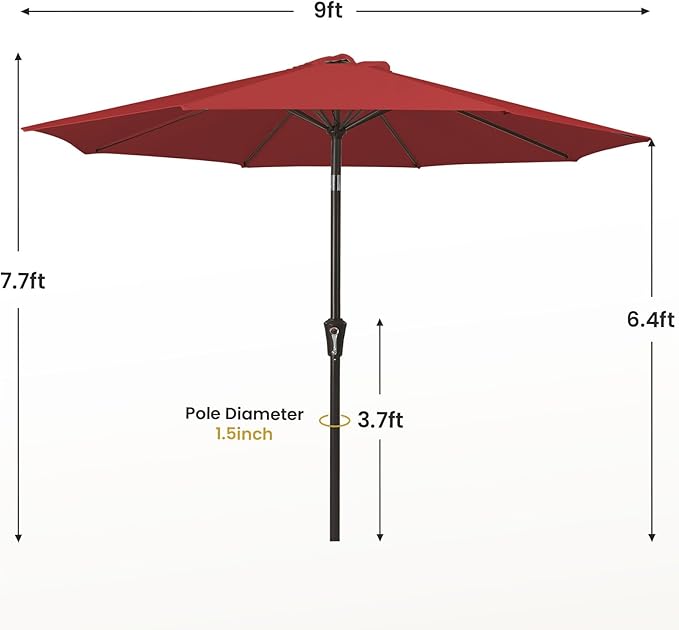 MEWAY 9ft Patio Umbrella Outdoor Table Umbrellas with Push Button Tilt and Crank, Market Umbrella 8 Sturdy Ribs for Deck, Garden, Pool and Backyard, Red