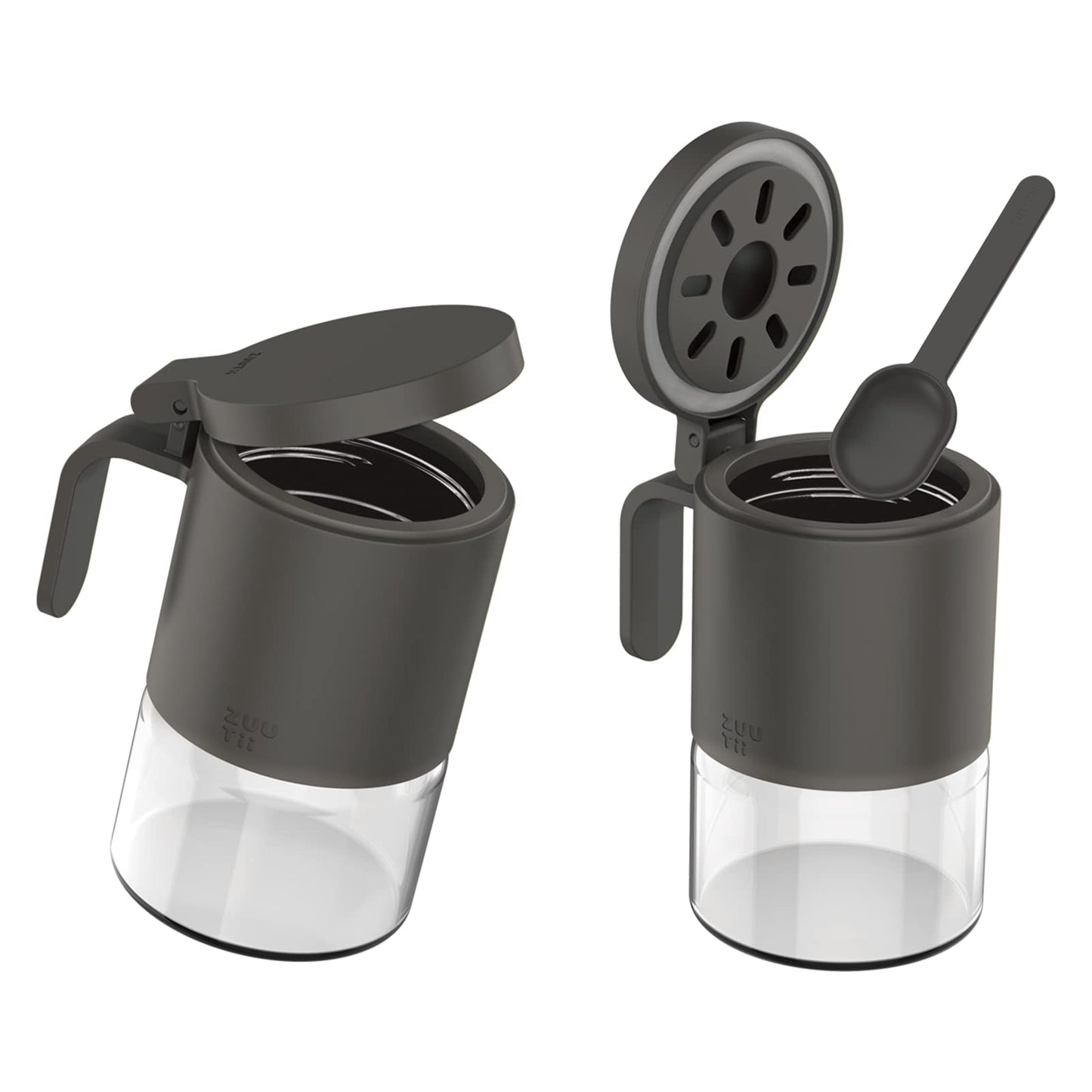 Zuutii Glass Spice Jars Moisture-Proof Spice Containers with Spoons, Set of 2 10oz/300ml Spice Bottles, Mini Seasoning Storage Jars with Flapper Caps for Salt, Sugar, Peppers, Chili in Kitchen Grey