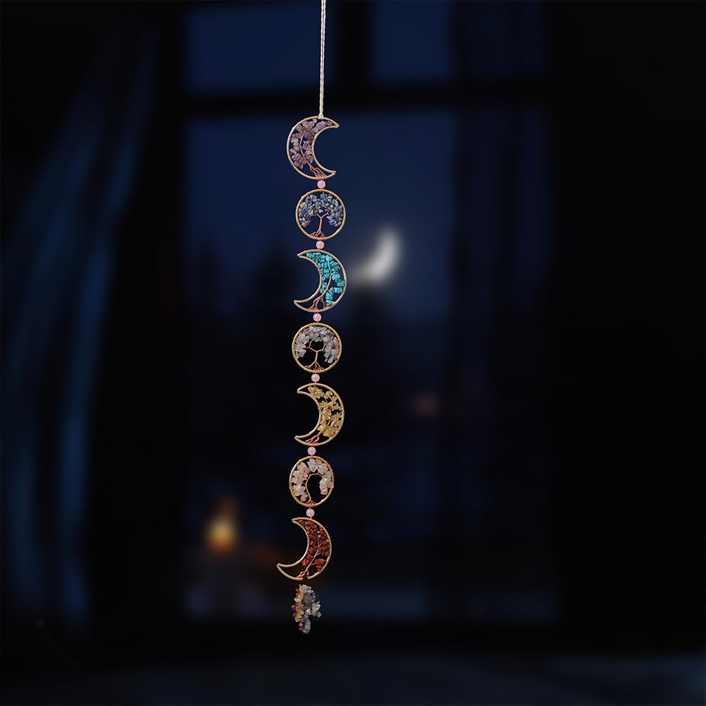 Chakra Wall Decor Tree of Life Crystal Stones Moon Wall Ornament Natrual Gemstones Hanging 7 Chakra Healing Crystals with Tumbled Tassel Suncatcher for Home Yoga Meditation Gift (Moons and Circles)