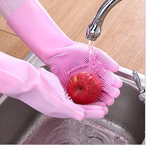 Silicone Dishwashing Gloves, Pet Grooming Rubber Scrubbing Gloves for Dishes,Sponge Wash Cleaning Glove with Scrubbers for Housework, Bathroom, Kitchen, Car, Pets. 1Pair (13.6" Large)