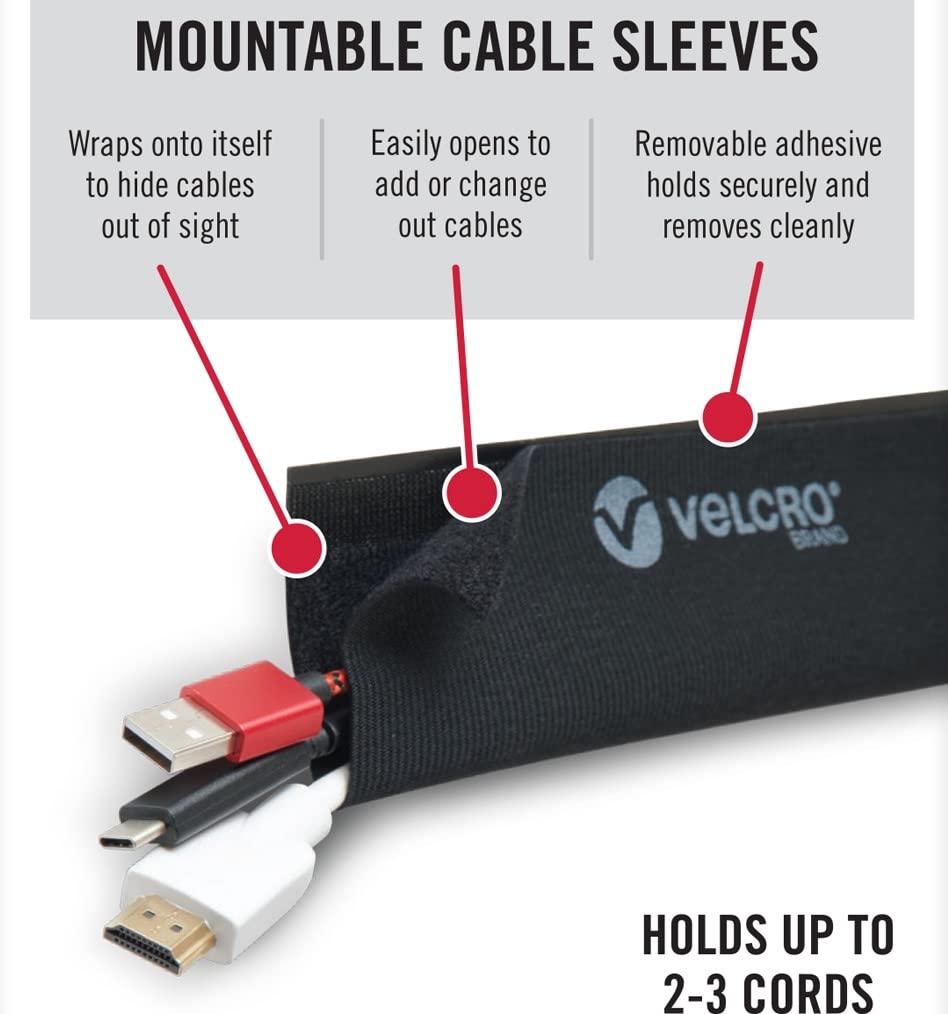 VELCRO Brand Mountable Cable Sleeve | Cord Management Mounts on Walls, Desk or Entertainment Center | Removable Adhesive is Damage Free | 8in Black, 2pk, 8in - 2Pk