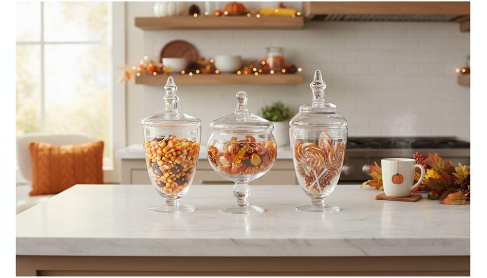 Elements Clear Glass Apothecary Jars with Lids, Set of 3 - Decorative Storage Jars for Home, Kitchen, Bathroom - 10, 9.5, 8.5 Inch Handcrafted Display Jar Set