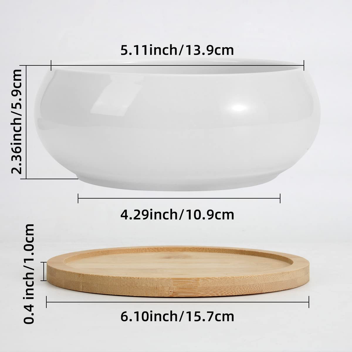 ZOUTOG 2 Pack Succulent Pots, 6 inch Ceramic Planters for Indoor Plants with Bamboo Tray, Pots with Drainage, Seeds& Plants Not Included