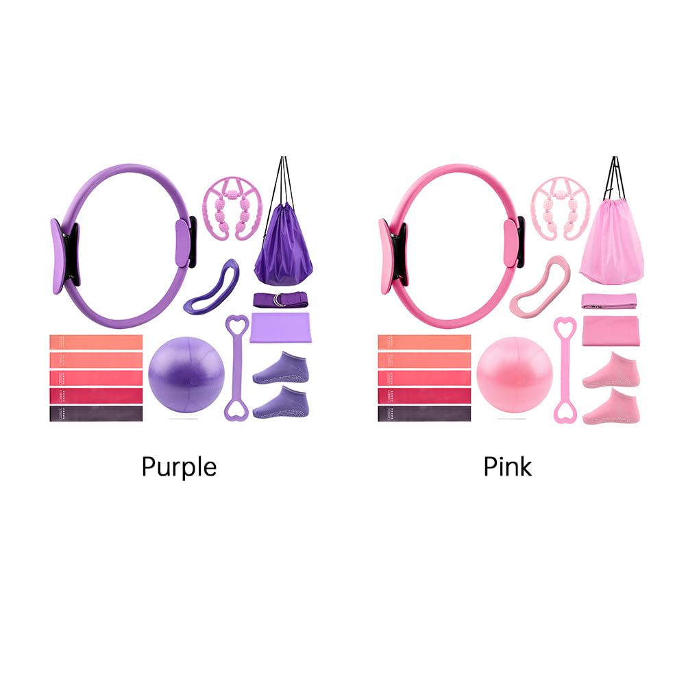 Yonderfume Pilates Essentials Kit for Women, 14 Pcs Home Workout Equipment with Pilates Circle Ball Ring Set Resistance Bands and Anti Slip Sock, Yoga Pilate Essentials Accessories(Color:Purple)
