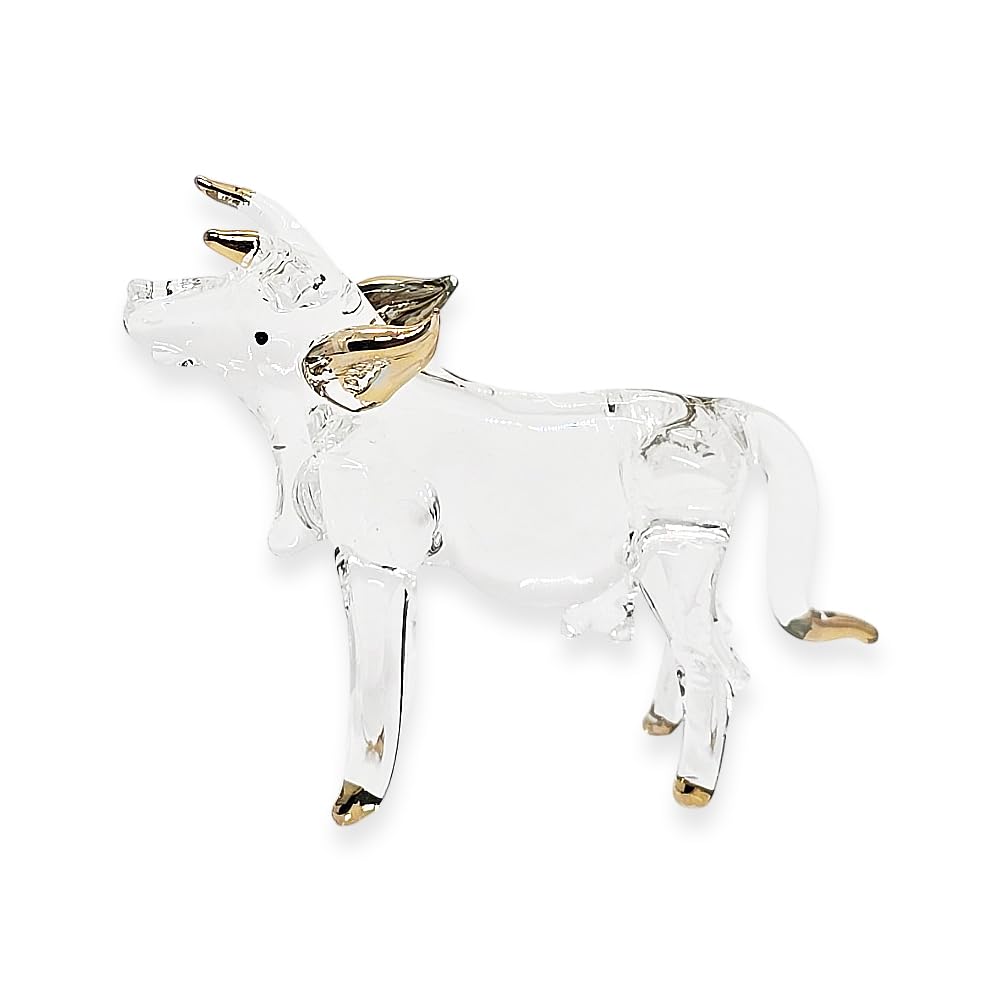 WitnyStore Tiny 2½" Clear Gold Cow Figurine - Miniature Hand Blown Glass Bulls Ox Oxen Bovid Bovine Cattle Farm Animals Small Crystal Decorative Figures Collectible Figurines Home Décor Gifts