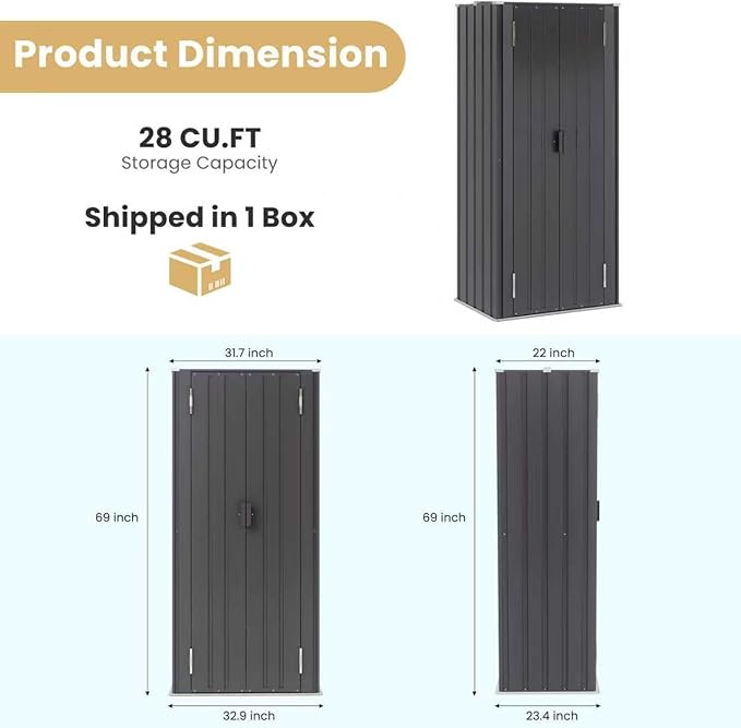 Greesum Outdoor Metal Storage Cabinet, 69'' Lockable Tall Shed, Vertical Tool Organizer with 2 Adjustable Shelves, for Garage, Patio, Backyard, Home & Lawn, Black