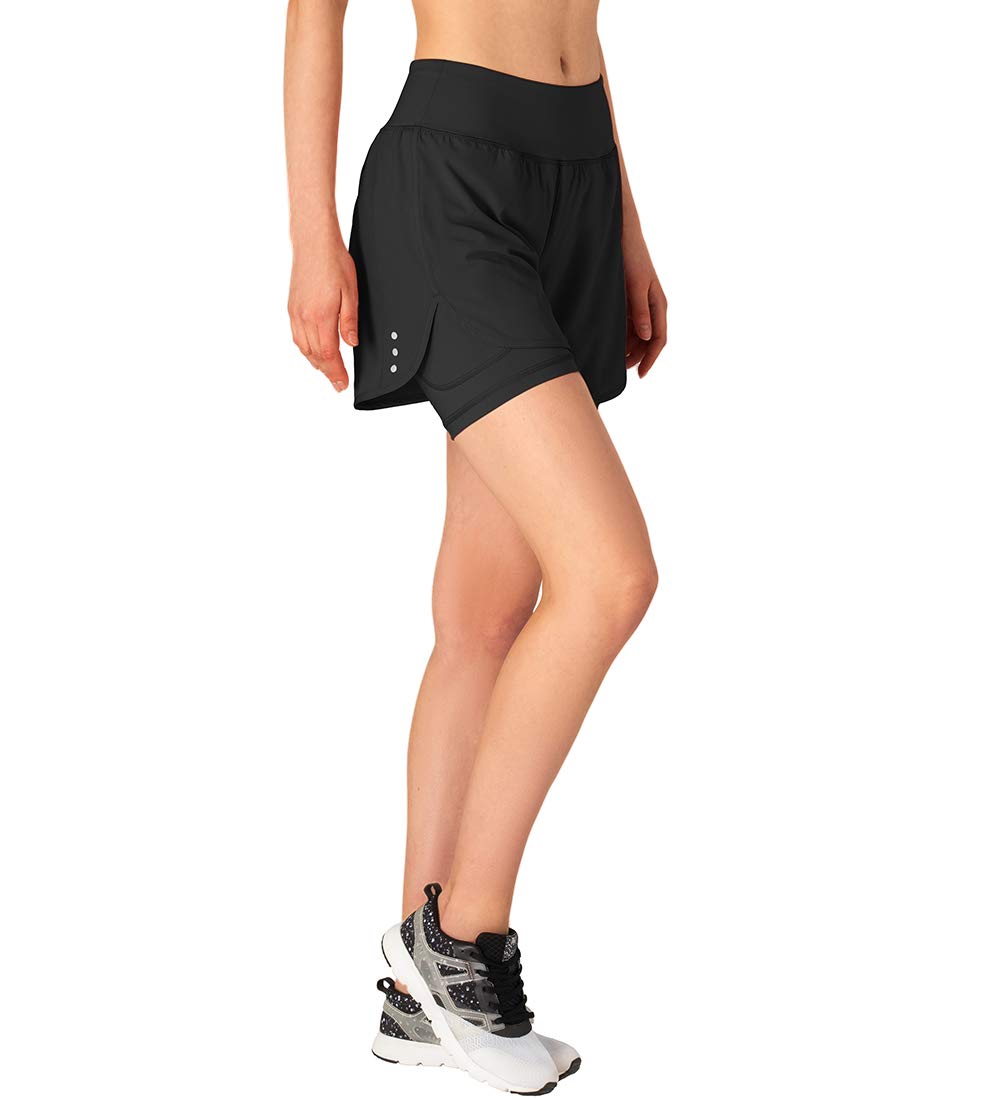 Gopune Women's 2 in 1 Running Shorts Workout Athletic Gym Yoga Shorts with Phone Pockets Black,XL