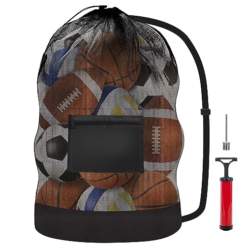 WNJ Extra Large Sports Ball Bag, Mesh Soccer Basketball Team Bag, Comes with a Ball Pump, Adjustable Shoulder Straps, Drawstring Sport Equipment Storage Bag for Football, Volleyball, Swimming Gear