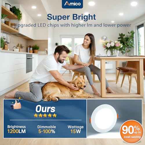 Amico 12 Pack 6 Inch 3CCT Ultra-Thin LED Recessed Ceiling Light with Metal Junction Box, 3000K/4000K/5000K Selectable, 12W Eqv 100W, Dimmable LED Canless Wafer Downlight, 1000LM-ETL&FCC