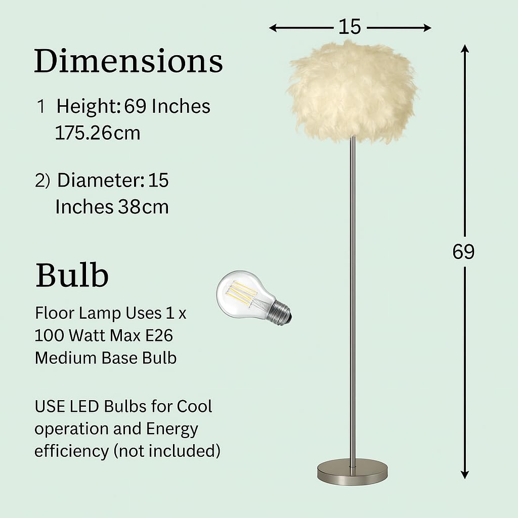 LIGHTACCENTS 69" Luxury Feather Floor Lamp with Chrome Base - Fluffy Cloud Standing Light for Living Room, Bedroom, Nursery, Vanity (White)
