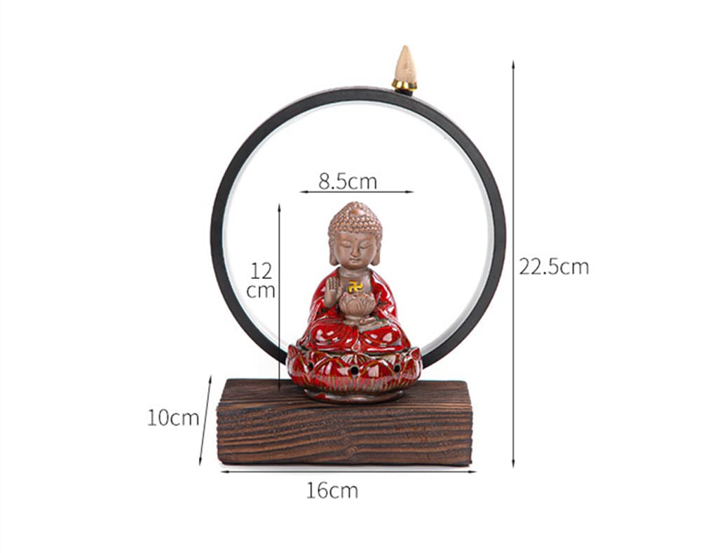 Ceramic Buddha Incense Burner Waterfall Chinese Backflow Incense Burner Holder with LED Light Incense Cones for Home Office Decor (Brown)