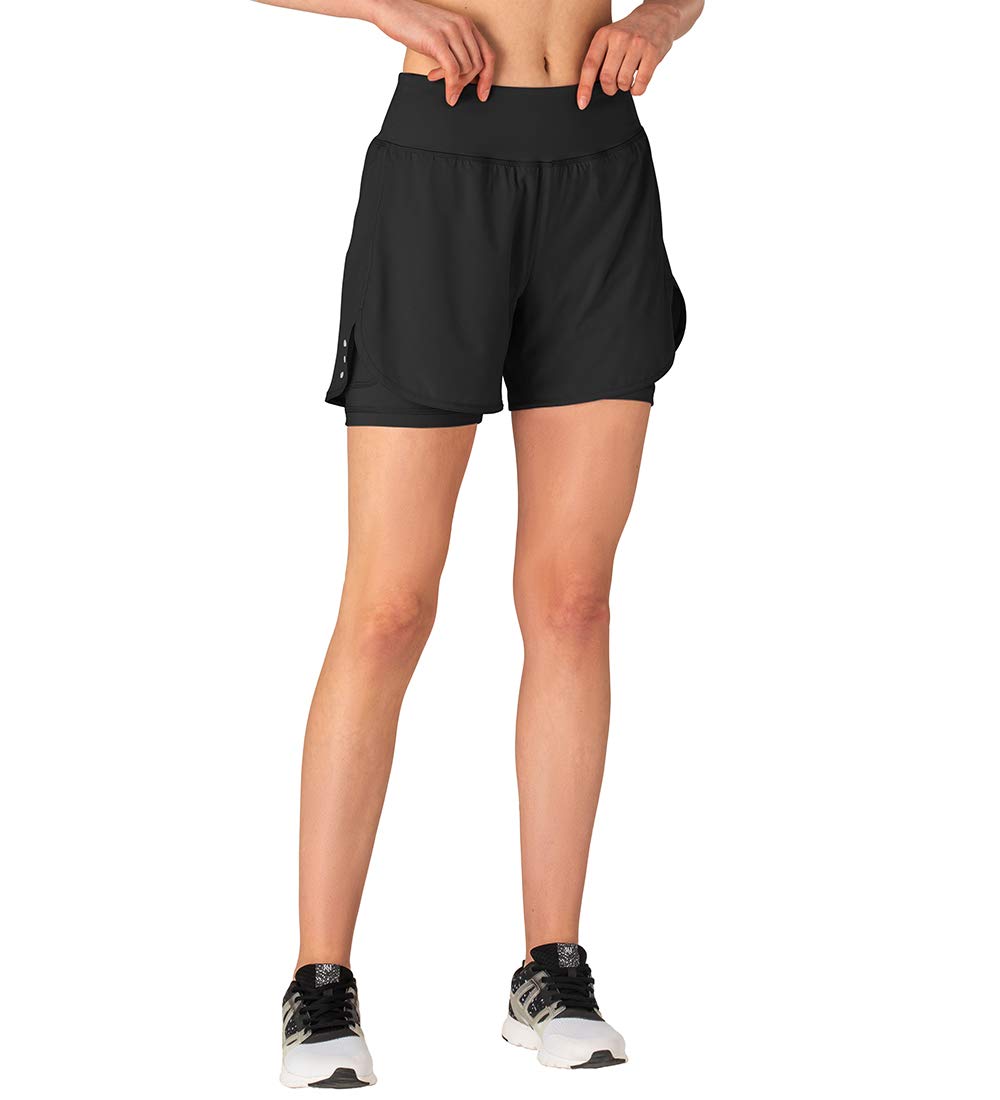 Gopune Women's 2 in 1 Running Shorts Workout Athletic Gym Yoga Shorts with Phone Pockets Black,XL
