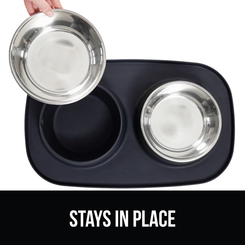 GORILLA GRIP Feeding Mat Set, 4 Cup, Patent Pending 100% Waterproof BPA Free Silicone, Stainless Steel Cat and Dog Bowls, Slip Resistant, High Edges Catch Water Food, US Designed Pet Accessories Black