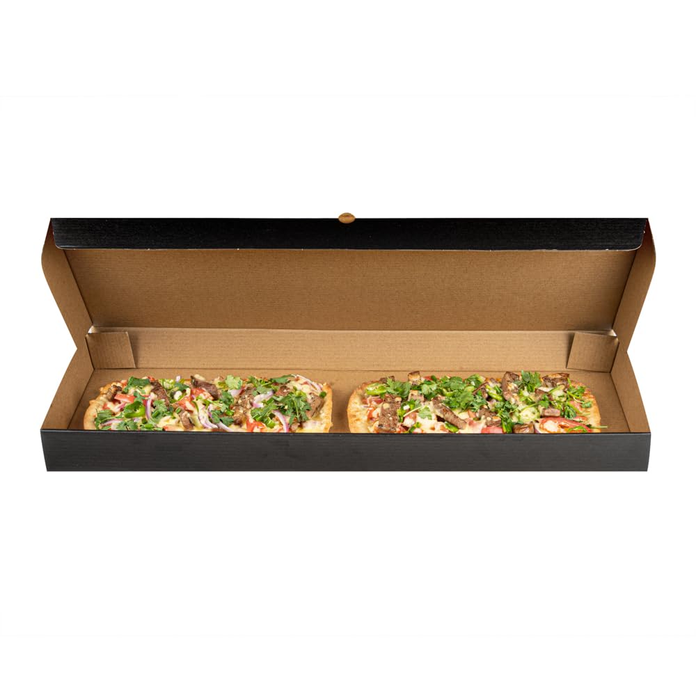 Restaurantware Eco Pie 24 x 12 x 2 Inch Flatbread Takeaway Boxes 50 Sturdy Corrugated Pizza Boxes - E-Flute Design Tab-lock System Black and Kraft Paper Pizza Boxes Disposable For Flatbreads