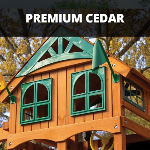 Gorilla Playsets 01-1069-Y Outing Wood Swing Set with Wood Roof and Monkey Bars - Yellow Slide, Amber