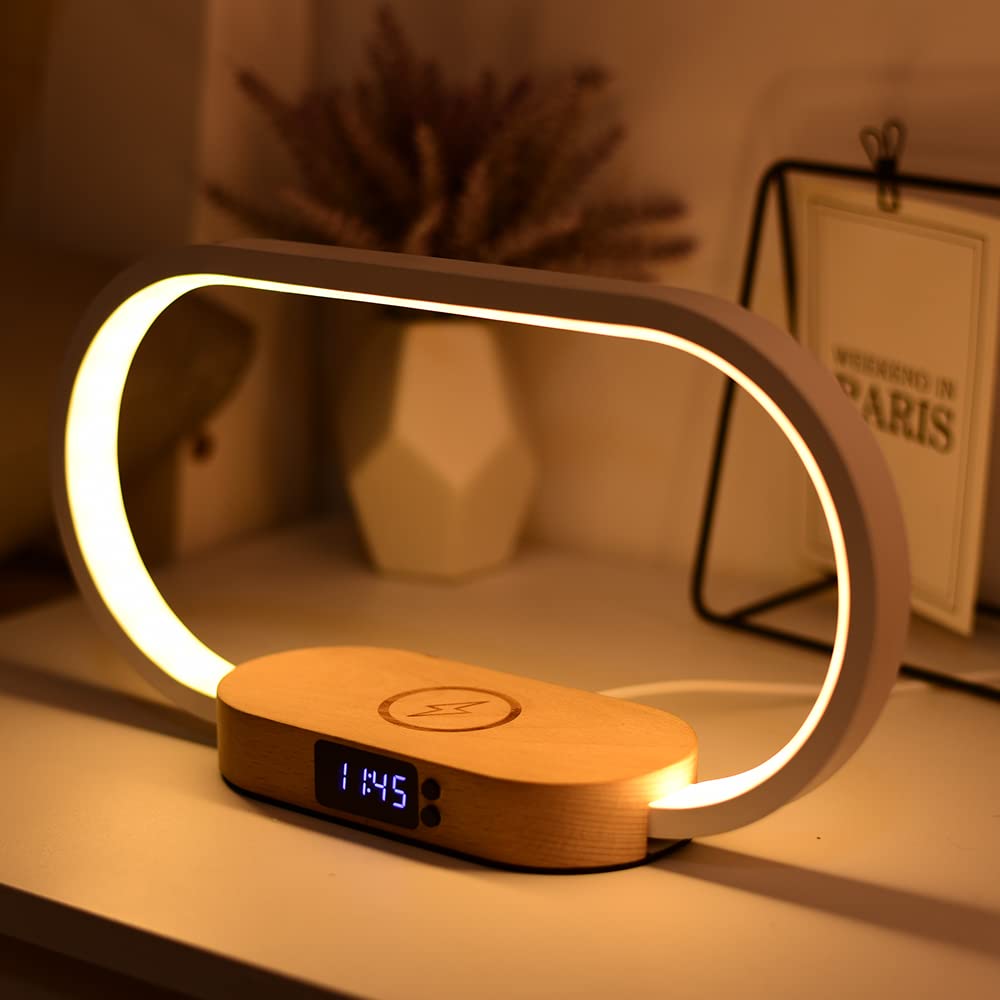 Donewin Bedside Lamp with Wireless Charger,Wooden Table Lamp with Charging Station,Touch Nightstand Lamp with Clock,3 Color Stepless Dimming Touch Lamp for Bedroom,Unique Gifts for Women