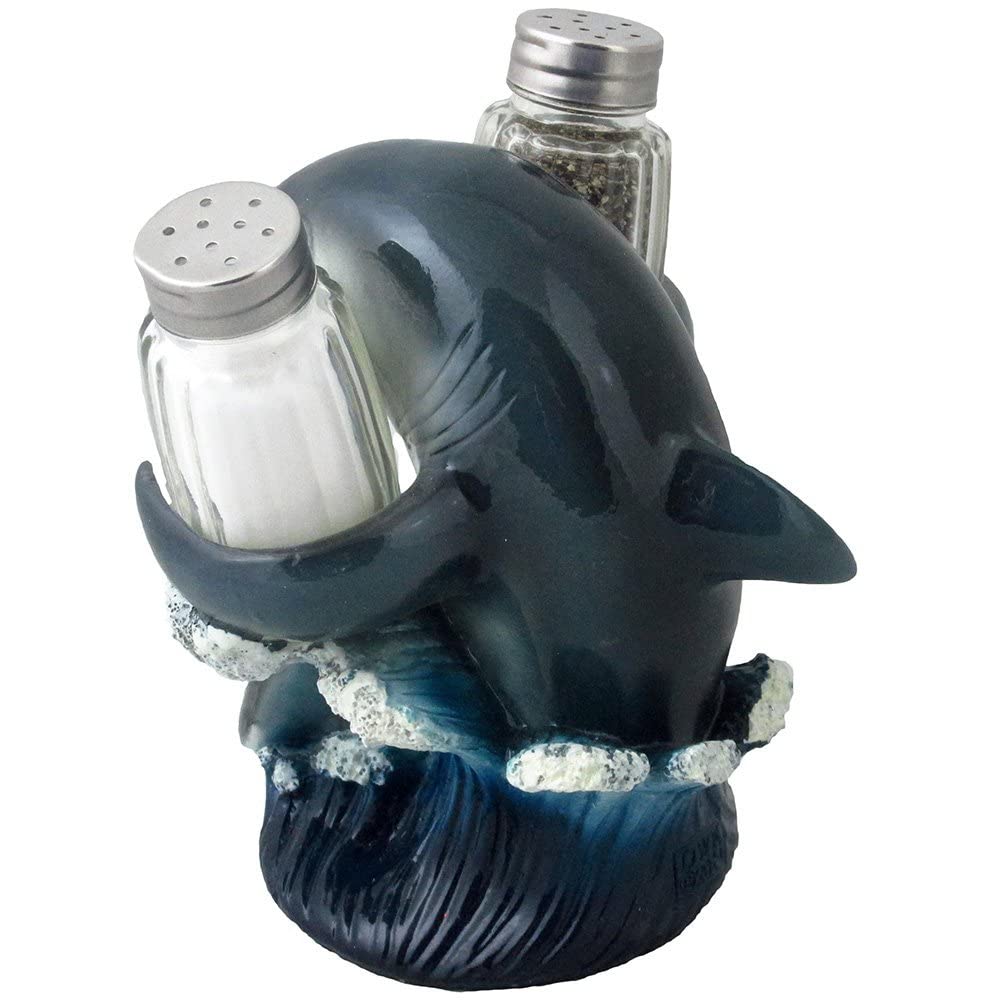 Decorative Great White Shark Glass Salt and Pepper Shaker Set with Holder Figurine for Beach Bar or Tropical Kitchen Decor Sculptures & Table Decorations by Home 'n Gifts