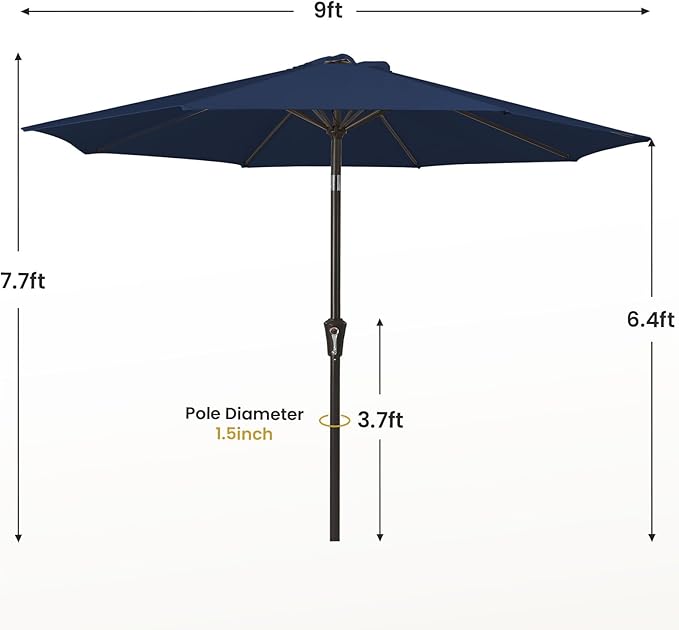 MEWAY 9ft Patio Umbrella Outdoor Table Umbrellas with Push Button Tilt and Crank, Market Umbrella 8 Sturdy Ribs for Deck, Garden, Pool and Backyard, Dark Blue