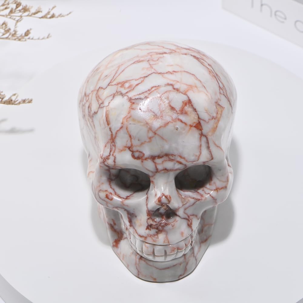 Bmuafry 5''Natural Red Grid Crystal Skull Head Hand Carved Reiki Healing Stone Statue Healing Home Office Art Room Decoration