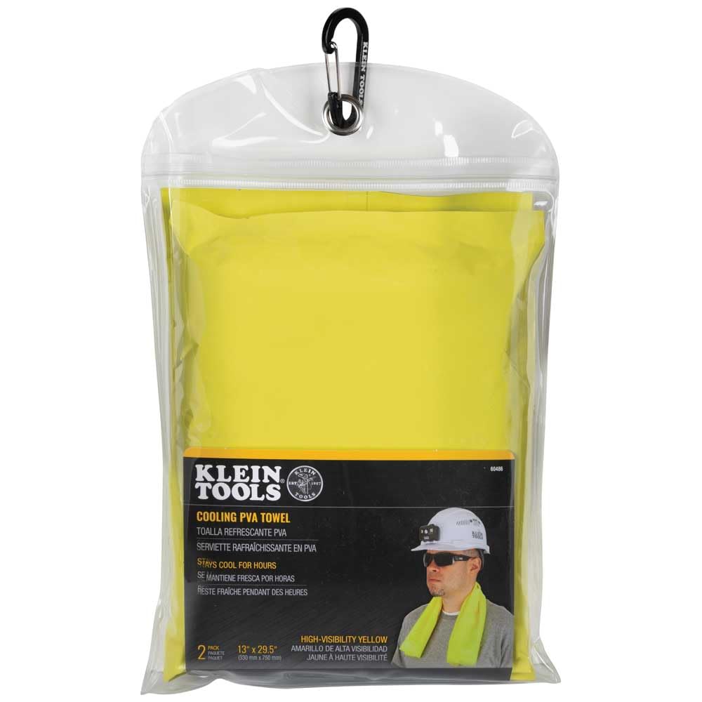 KLEIN TOOLS 60486 Cooling Towel with Evaporative PVA Technology, Comes in Resealable Bag with Convenient Carabiner Clip, Yellow, 2-Pack