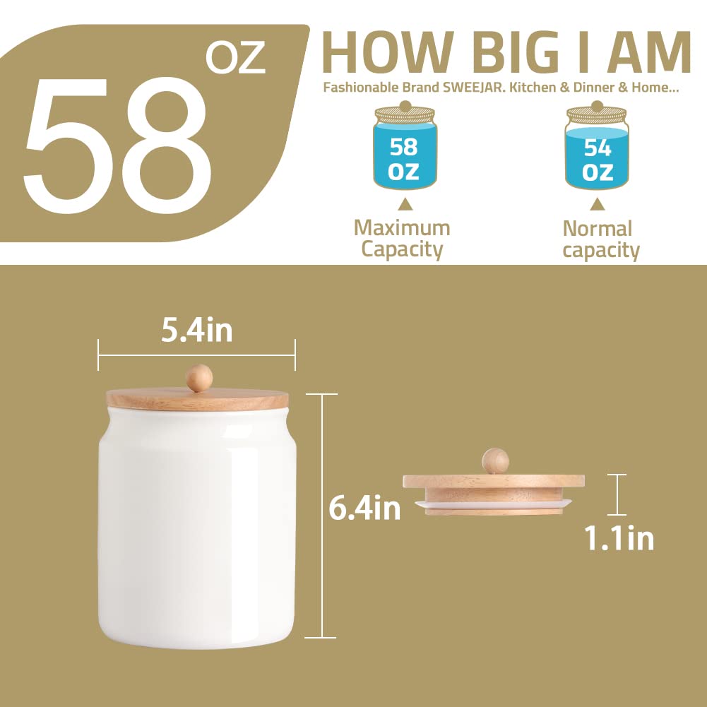 Sweejar Ceramic Kitchen Canisters, 58 FLOZ Porcelain Food Storage Jar with Airtight Seal Wooden Lid, Home Container Serving for Coffee Beans, Tea-leave, Sugar, Salt and More, Tool Bucket (White)