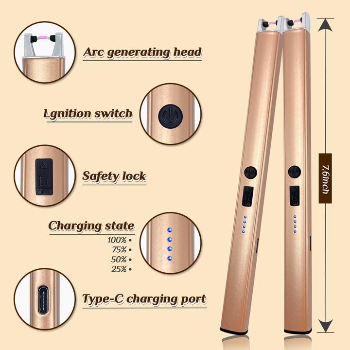 2 PCS Candle Lighter,Windproof Flameless Electric Lighter with LED Power Display & Safety Switch, Upgraded Plasma USB Rechargeable Lighters for Birthday Camping BBQ (Champagne Gold)