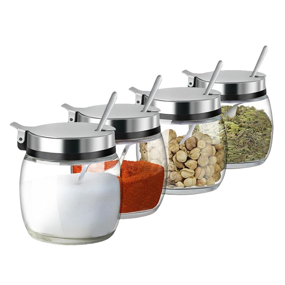 Hewnda 2Pcs Sugar Salt Container Set,8 oz glass jar with lid and spoon for storing condiments,coffee,sugar cubes,spices and more