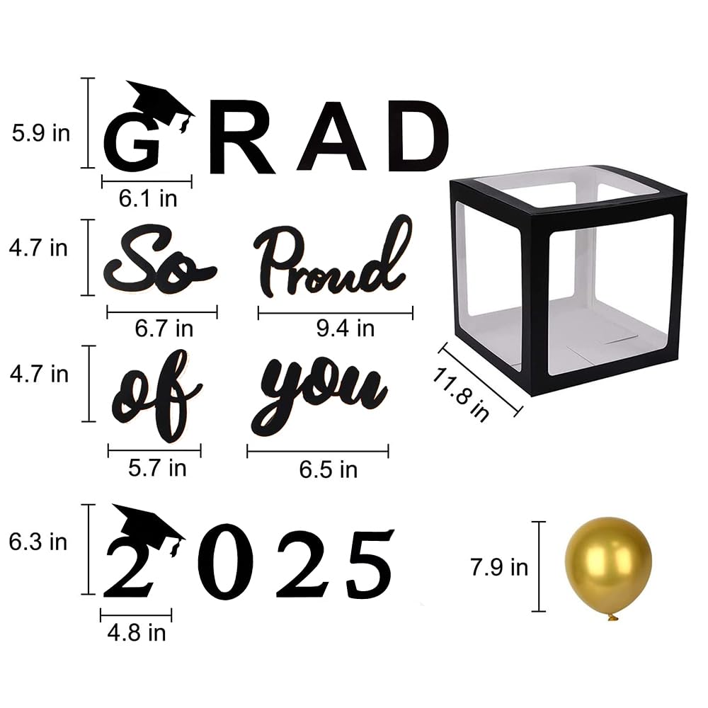2025 Graduation Party Decoration Black Balloon Boxes with Letters 2025 Grad & So Proud of You and 20 pcs Ballons