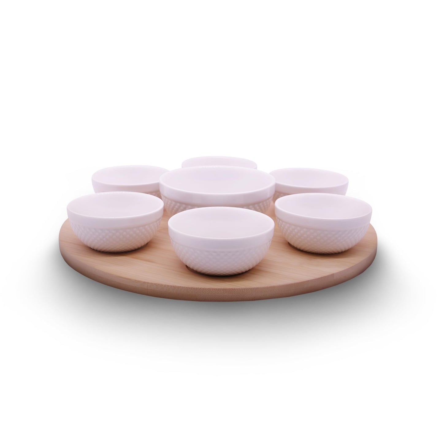 Rotating Bamboo Serving Tray with 6 Small Ceramic Condiment Bowls and 1 Larger Center Bowl - Lazy Susan Style Elegant Serving Set for Dips, Snacks, Appetizers, and More