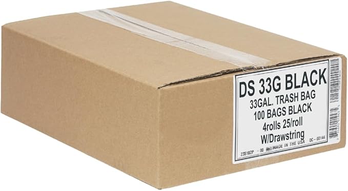 Aluf Plastics 33 Gallon 1 MIL Black Drawstring Tall Kitchen Garbage Bags