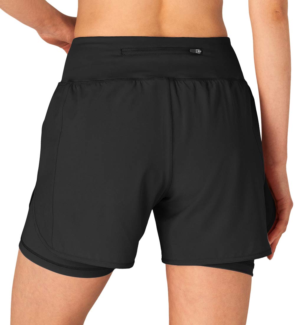 Gopune Women's 2 in 1 Running Shorts Workout Athletic Gym Yoga Shorts with Phone Pockets Black,XL