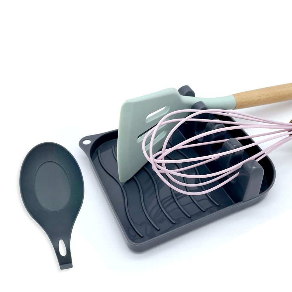 LSVGOE 2 Pack Multiple Utensil Spoon Rest with Drip Pad Non-Slip Heat Resistant Kitchen and Grill Spoon Holder for Spatula, Ladle, Tongs, Kitchen Gadgets, and Cooking Accessories (Silver Gray)