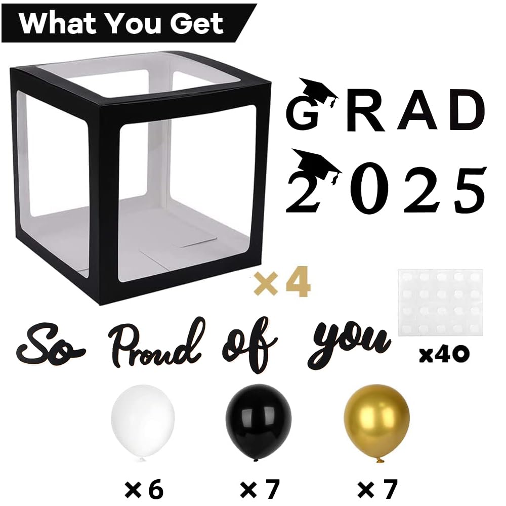 2025 Graduation Party Decoration Black Balloon Boxes with Letters 2025 Grad & So Proud of You and 20 pcs Ballons