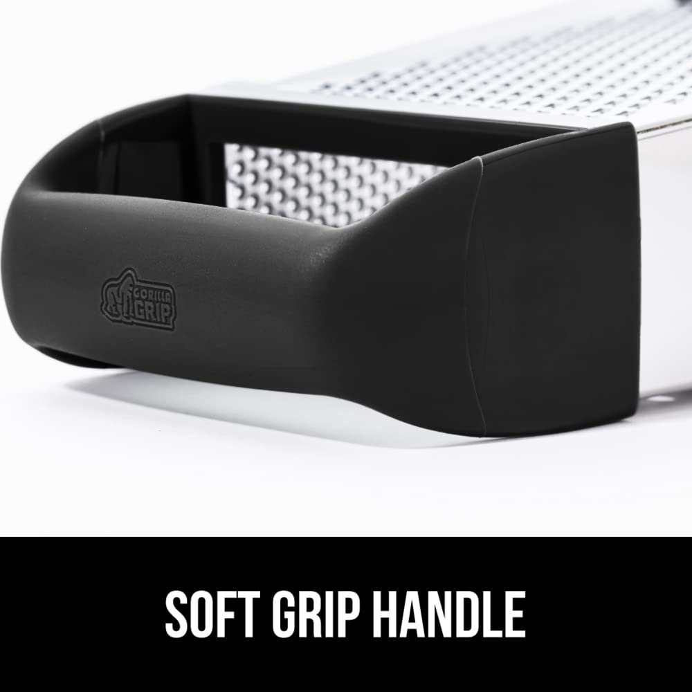 GORILLA GRIP XL 4-Sided Cheese Grater With Container, 100% BPA-Free Stainless Steel Box Graters, Parmesan Shredder, Grate Cheeses, Shred Veggies, Slip Resistant Handle, Dishwasher Safe Zester, Black