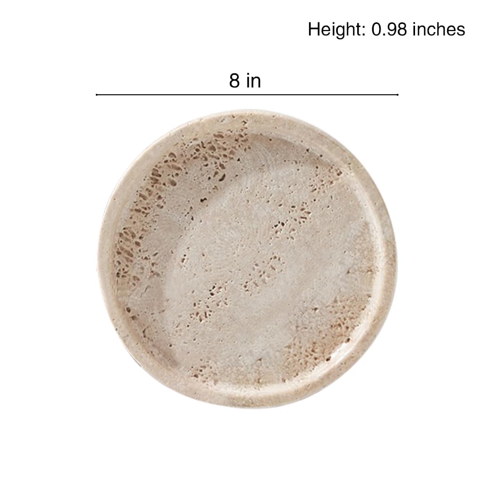XINFUHUA Travertine Tray, Small Ceramic Vanity Tray for Bathroom Counter Decor, Round Marble Decorative Trays for Coffee Table (Beige, Medium Size)